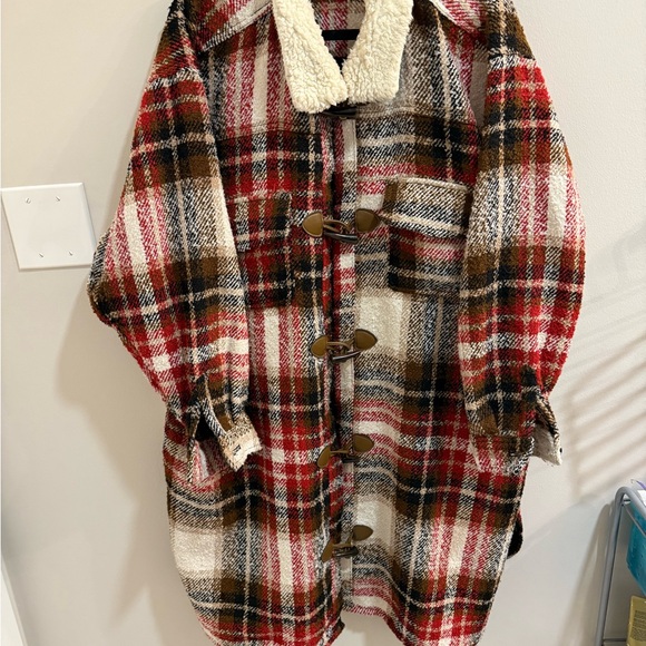 Maurices Red and Brown Plaid Teddy Jacket - Picture 2 of 4